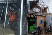 Foto tampak dari dalam dan luar kondisi material bangunan Pasar Dekon Kotabumi, Lampung Utara yang ambruk menimpa sejumlah kios penampungan sementara pedagang. (Photo: Rody Sandra/realitapublik.id) 