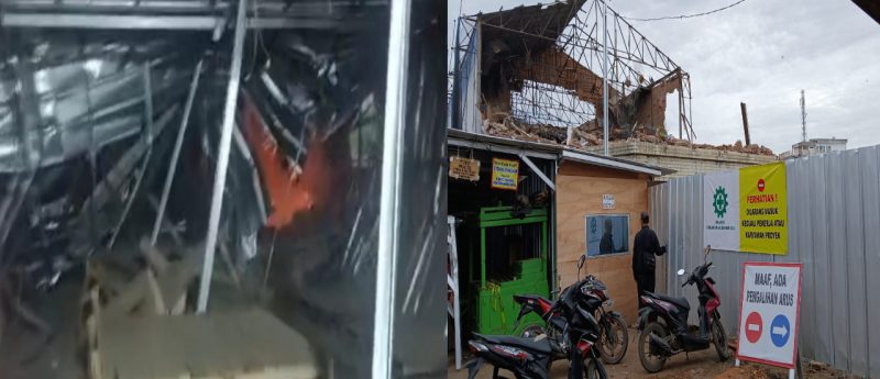 Foto tampak dari dalam dan luar kondisi material bangunan Pasar Dekon Kotabumi, Lampung Utara yang ambruk menimpa sejumlah kios penampungan sementara pedagang. (Photo: Rody Sandra/realitapublik.id) 
