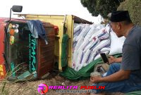 Sebuah truk bermuatan pakan ikan bernomor polisi BG 8974 US terbalik di ruas jalan Tiyuh Murni Jaya, Kabupaten Tulang Bawang Barat, pada Selasa (3/3/2026).
