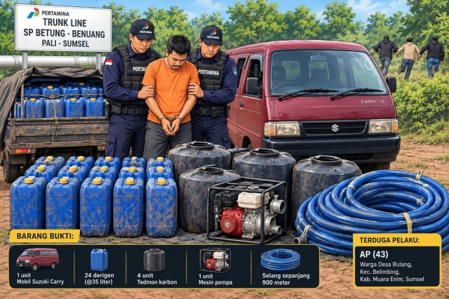 Tim gabungan pengamanan Pertamina EP Pendopo Field amankan Pelaku dan barang bukti.